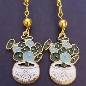 Handmade Gold Green Beaded Boho Succulent Plant Dangle Earrings